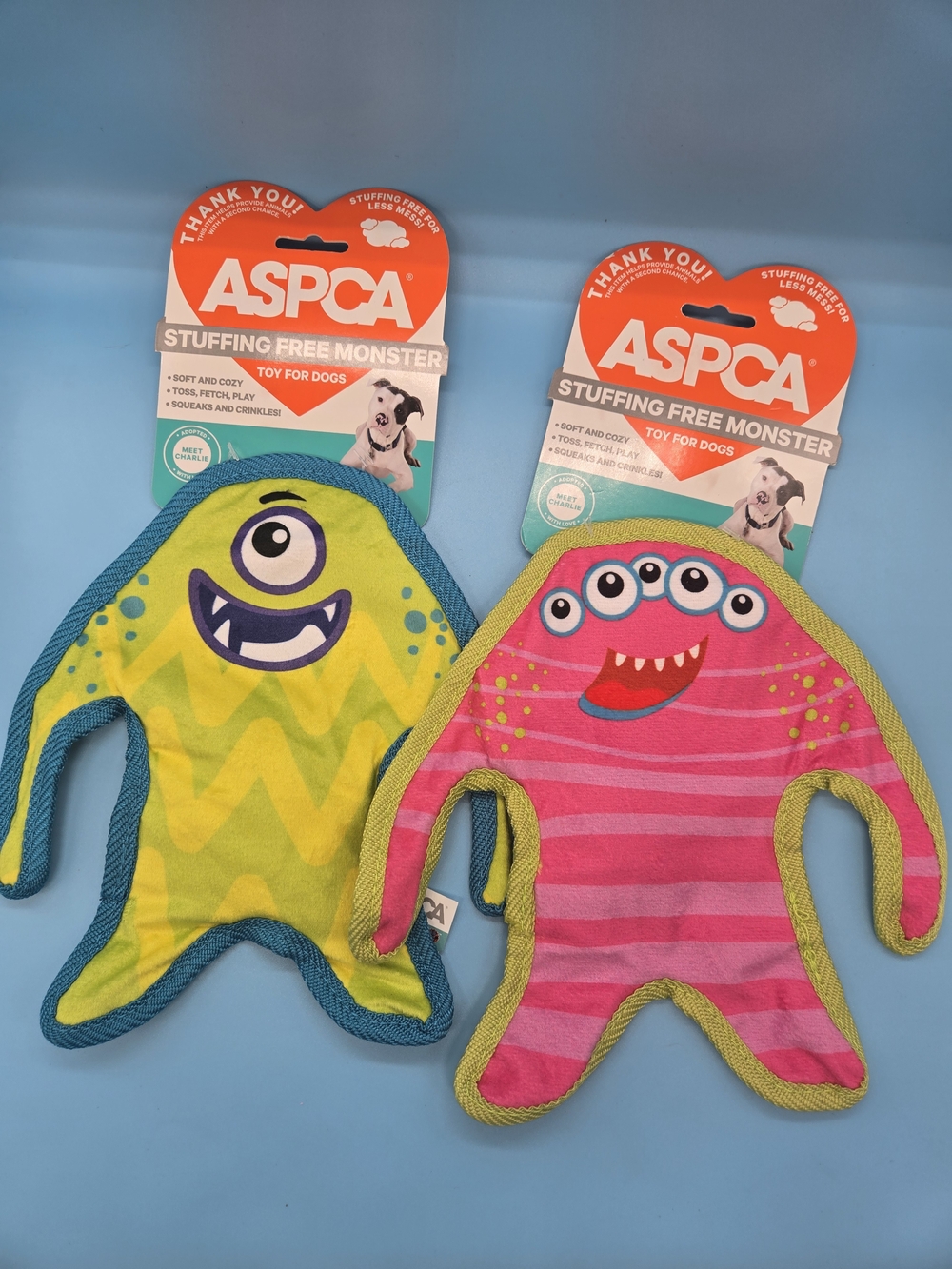 ASPCA Stuffing Free Monster Dog Toys Green & Pink- 2 Pack